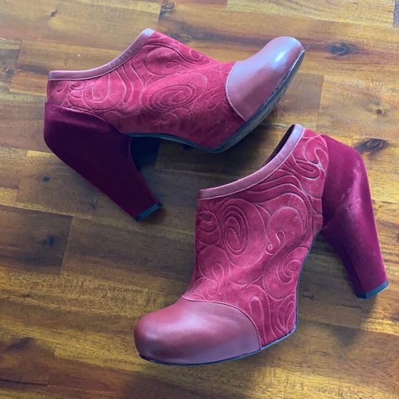 John Fluevog Shoes - John Fluevog stacked heel booties red suede leather 10